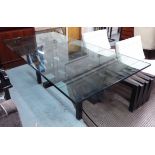 DINING TABLE, designed by Mark Harvey, the glass top on a ebonised wooden frame,