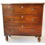 HALL CHEST, Regency figured mahogany of adapted shallow proportions with three long drawers,