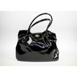 LULU GUINNESS SHOULDER BAG, black patent leather with two top handles,