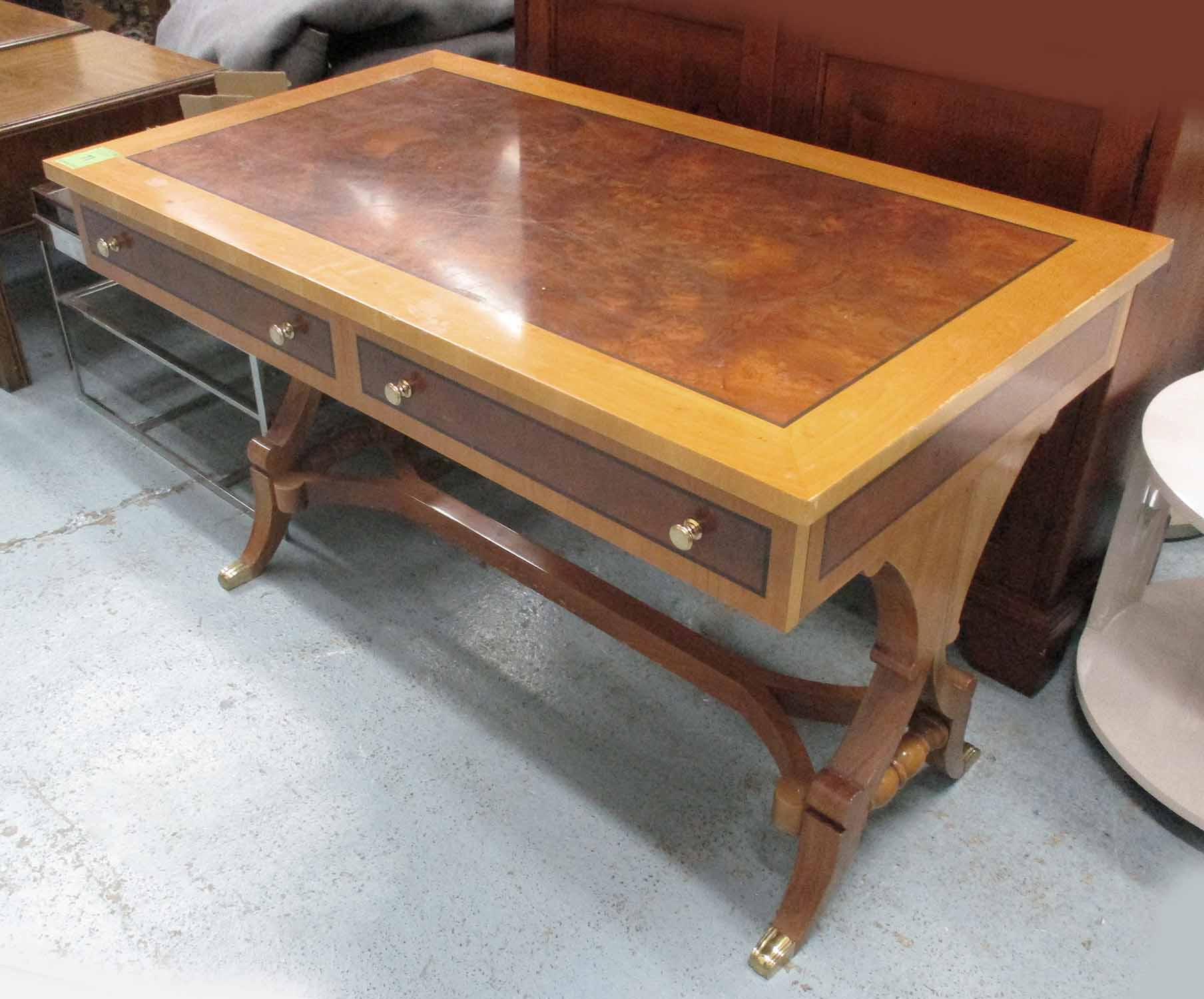 LINLEY STYLE DESK, burr walnut inlaid top above two drawers on stretchered base, - Image 2 of 2