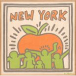 KEITH HARING 'New York', textile, signed in the plate, 130cm x 131cm, framed and glazed.