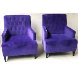 ARMCHAIRS, a pair, purple velvet upholstered each with button back and tapered supports.