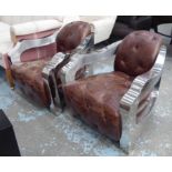 CIGAR CHAIRS, a pair, brown leather buttoned detail and polished metal, each 75cm W.