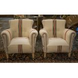 ARMCHAIRS, a pair, in white and red striped material, 76cm W x 70cm D x 80cm H.