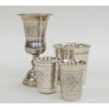 CUPS/BEAKERS COLLECTION, silver and white coloured metal including Russian silver kiddush cups,