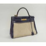 HERMÈS KELLY 32, toile and blue night box leather, gold hardware, 1982 circa, padlock,