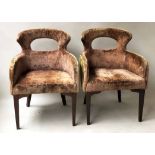 BRIDGE ARMCHAIRS, a pair, Hollywood Regency style each with pierced back and velvet upholstery,