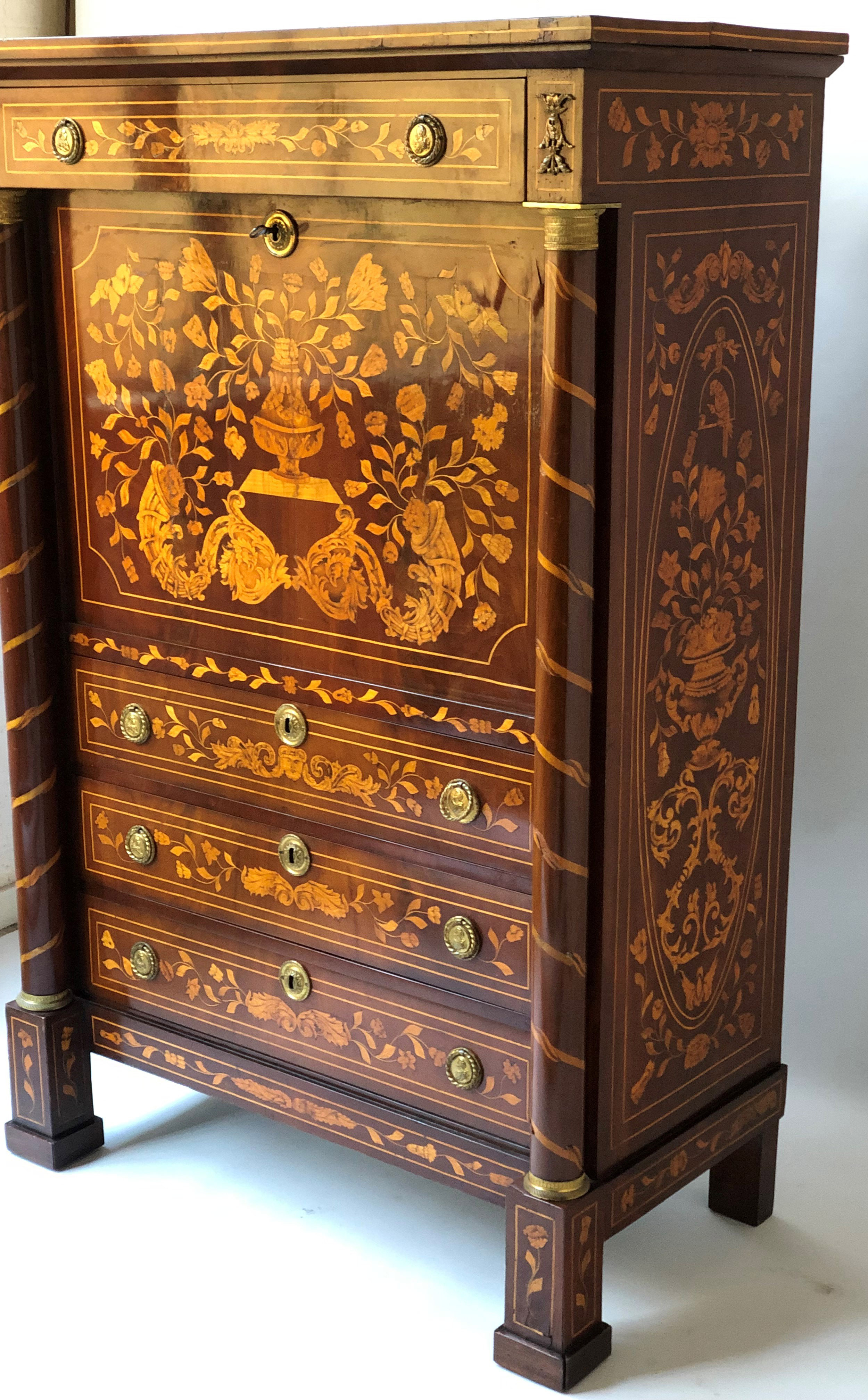 SECRETAIRE A ABATTANT, 19th century Dutch mahogany and satinwood floral marquetry with fall front, - Image 3 of 6