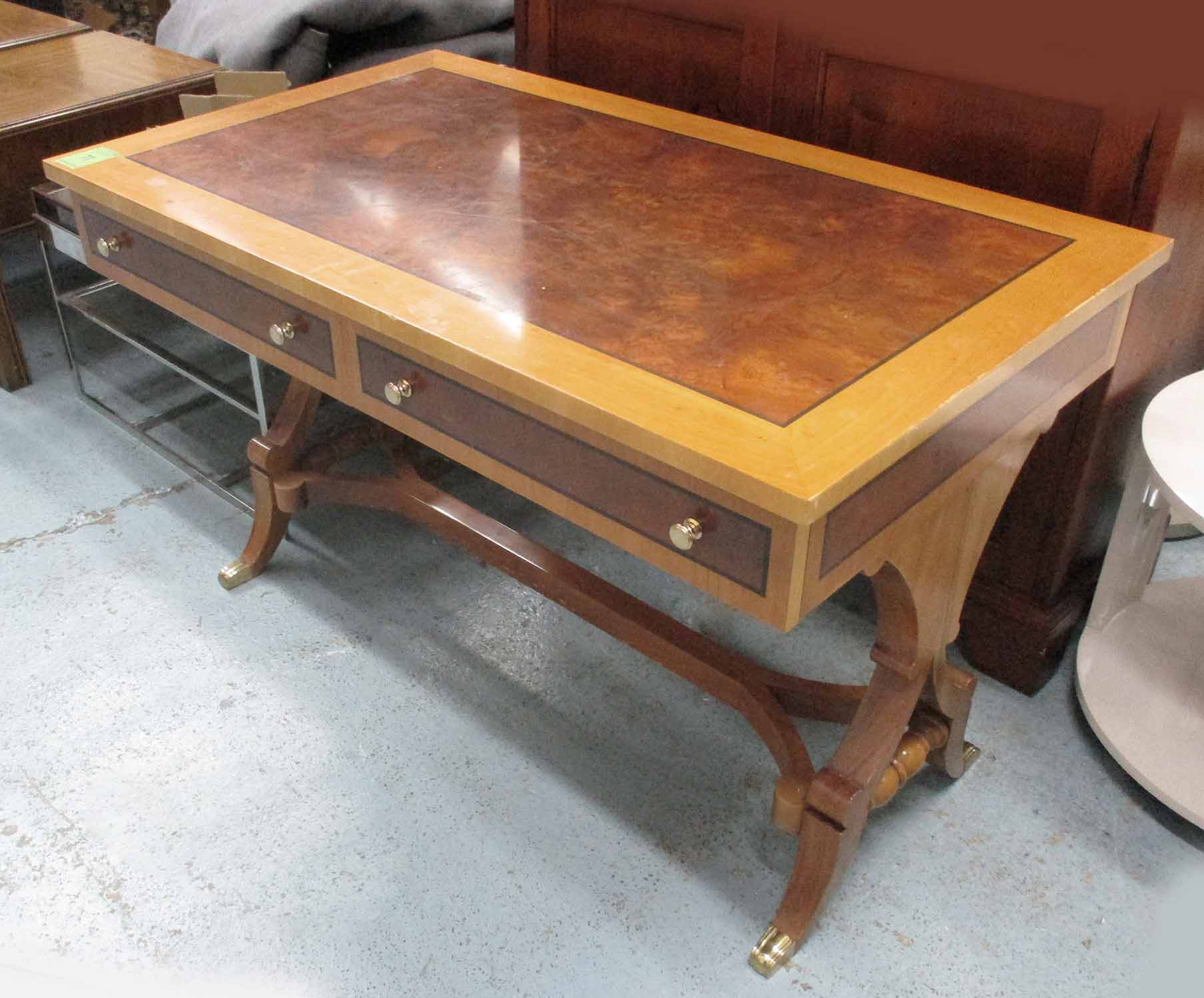 LINLEY STYLE DESK, burr walnut inlaid top above two drawers on stretchered base,