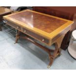 LINLEY STYLE DESK, burr walnut inlaid top above two drawers on stretchered base,