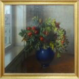 WILHELM ANDERSEN (Danish 1867-1945) 'Still Life of Rosehips in a Blue Vase by a Window',