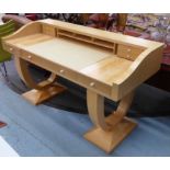 WRITING DESK, David Linley style satinwood with leather writing surface,