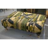 HEARTH STOOL, rectangular in green patterned Pierre Frey velvet on ebonised feet and brass castors,