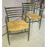 FIGLI DI SANGUINETI CHIAVARI CHAIRS, a pair, circa 1950, ebonised with rush seats,