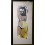 ROD WALKER (b1949) 'Nude Study', watercolour and gouache, 56cm x 16cm, signed and framed.