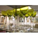 FRENCH ST LOUIS CRYSTAL CUT WINE GLASSES, green bowls, clear stems, etched mark, 23cm H.