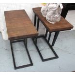 OKA SIDE TABLES, a pair, with rectangular wooden tops on metal bases, 60cm x 30cm x 64cm H.