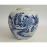 CHINESE GINGER JAR, blue and white decoration, mountainous river scene, base unmarked, 23cm H.