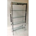 MERROW ASSOCIATES BOOKCASE, 1970's chrome framed with five glass shelves, 90cm W x 176cm H x 32cm.