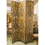 SCREEN, 19th century and later three fold gilt and painted in embossed leather (remounted),