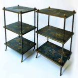 ETAGERES, a pair, Regency style each with three gilt Chinoiserie decorated tiers,
