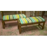 BENCHES, a pair, Victorian Gothic revival walnut with upholstered seats in striped velvet,