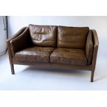 STOUBY DANISH SOFA, 1970s Danish, two seater, teak framed, mid brown grained leather, by 'Stouby',