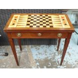 GAMES TABLE, marquetry top with playing card detail, green baize interior on fluted supports, 78.