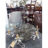 CHANDELIER, wrought metal with floral detail six branch, approx 95cm W.