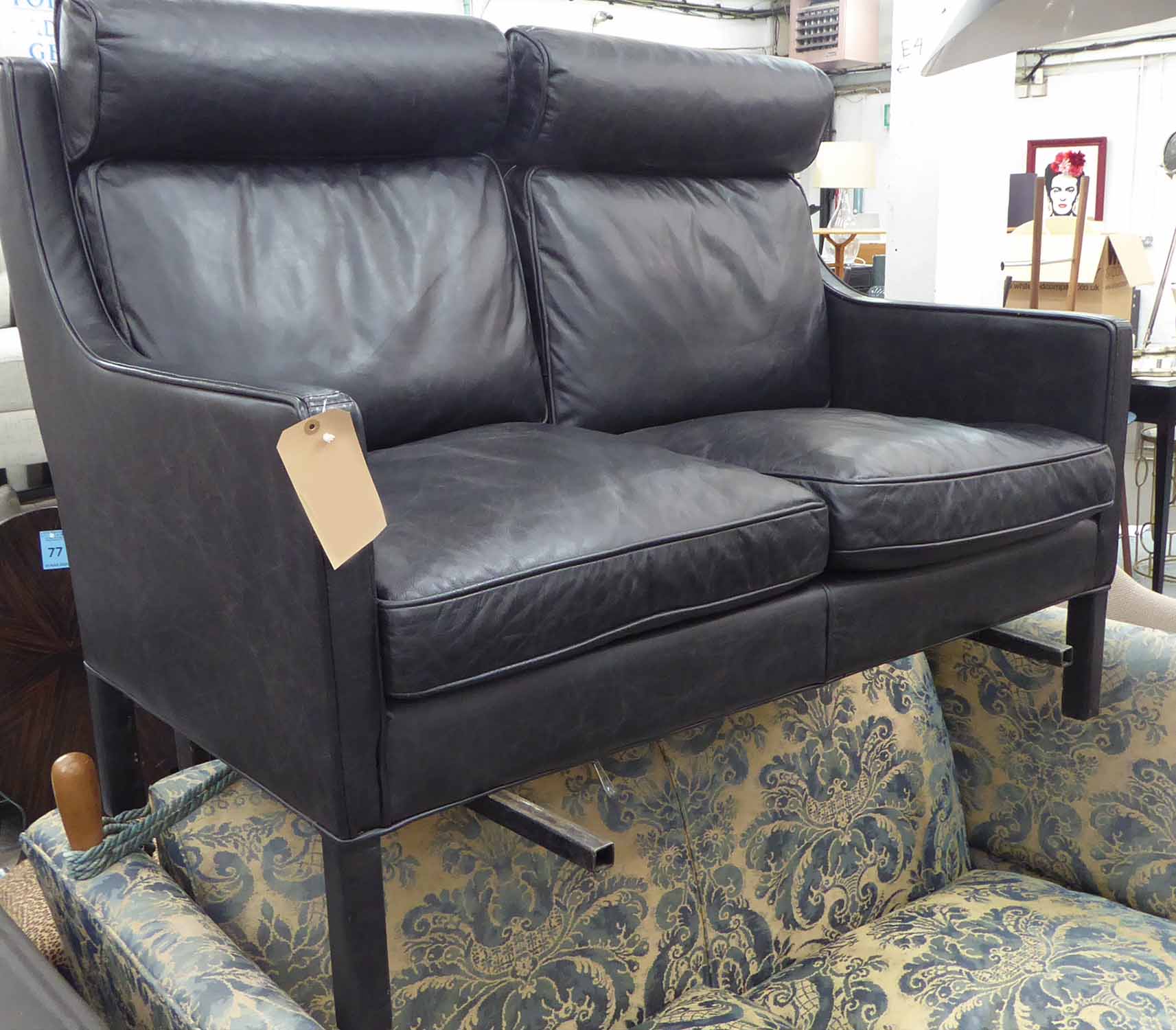 SOFA, two seater, black leather on square supports, 132cm L.