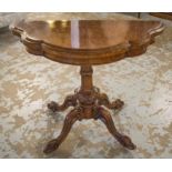 CARD TABLE, Victorian, burr walnut, demi lune baize lined on carved quadruped support,