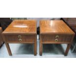 SIDE TABLES, a pair, Campaign style with parquetry tops and two drawers on chamfered supports,