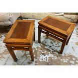 CHINESE STOOLS/SIDE TABLES, a pair, carved wood, each 53cm W x 34cm D x 50cm H.