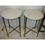 OCCASIONAL TABLES, a pair, gilt metal framed, each with a circular marble top on a folding base,