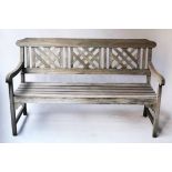 GARDEN BENCH, weathered teak, with trellis back, 150cm W.