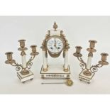 CLOCK GARNITURE SET, 20th century French gilt, ormolu and onyx, clock 35cm H x 19cm W x 12cm D.