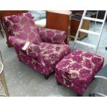 ATTRIBUTED TO HEALS ARMCHAIR AND FOOTSTOOL, purple foliate upholstery, 90cm H.