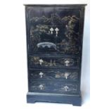 CHINOISERIE CABINET, black lacquer, gilt and silver mounted, with two doors and drawers,
