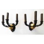 WALL LIGHTS, a pair, early 19th century Regency, bronze and ormolo, each three branch,