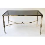 LOW TABLE, Regency style, rectangular with silvered metal reeded supports and cross stretcher,