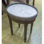 SIDE TABLE, oval marble top with a pierced brass gallery, on tapered fluted supports,