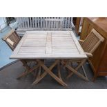 GARDEN DINING SET, weathered teak table, and three chairs, chairs 90cm H.