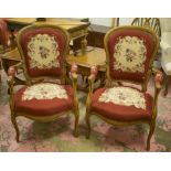FAUTEUILS, a pair, Louis XV style beechwood in red and floral needlework, 63cm W.