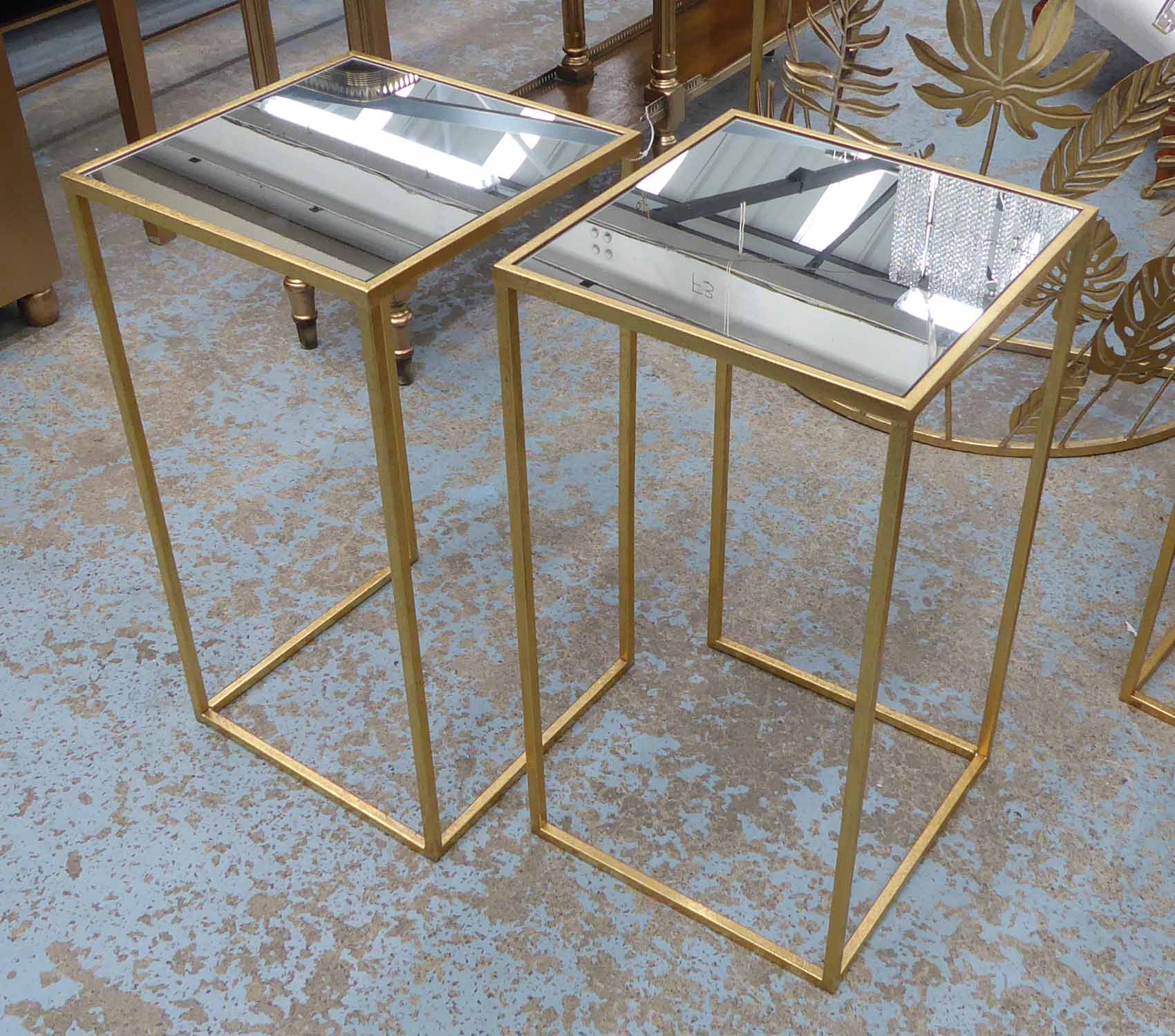 SIDE TABLES, a pair, 1960s French inspired, gilt finish base and square mirrored top,