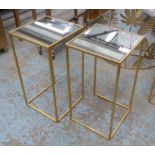 SIDE TABLES, a pair, 1960s French inspired, gilt finish base and square mirrored top,
