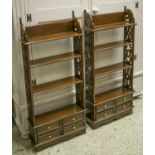 OPEN SHELVES, a pair, mahogany with fretwork sides and four drawers, 110cm H x 50cm x 60cm.