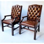 GAINSBOROUGH ARMCHAIRS, a pair, George III design mahogany, hand finished brown buttoned leather,