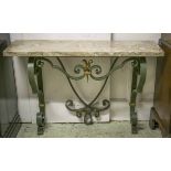 CONSOLE TABLE, the marble top on a scrolled wrought iron base with gilt detail,
