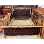BED, Louis XV style cream crackle framed with gilt highlights buttoned purple silk upholstery,