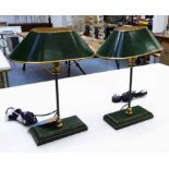 BOILLOT STYLE TABLE LAMPS, a pair, green finish with gilt metal detail, 44cm H.